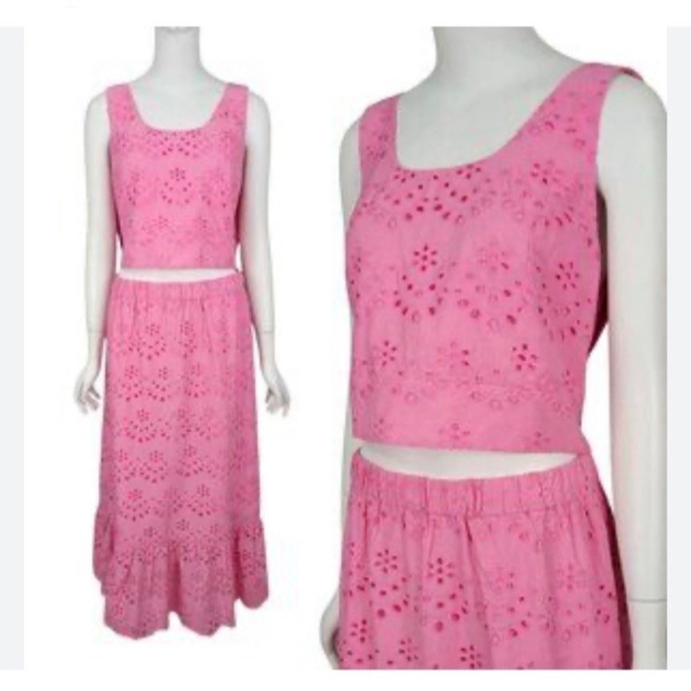 Calypso St. Barth 2pc Small Pink Crop Top Maxi Skirt Eyelet Embroidered Festival